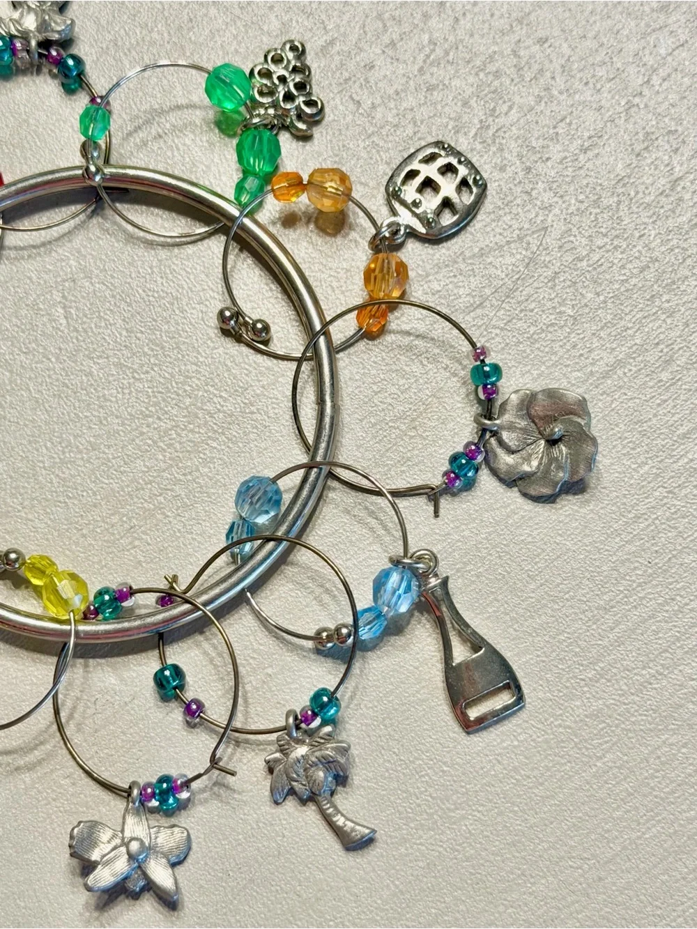 Vintage Wine Glass Charms Set with Multicolor Beads & 2 Wine Bottle Toppers